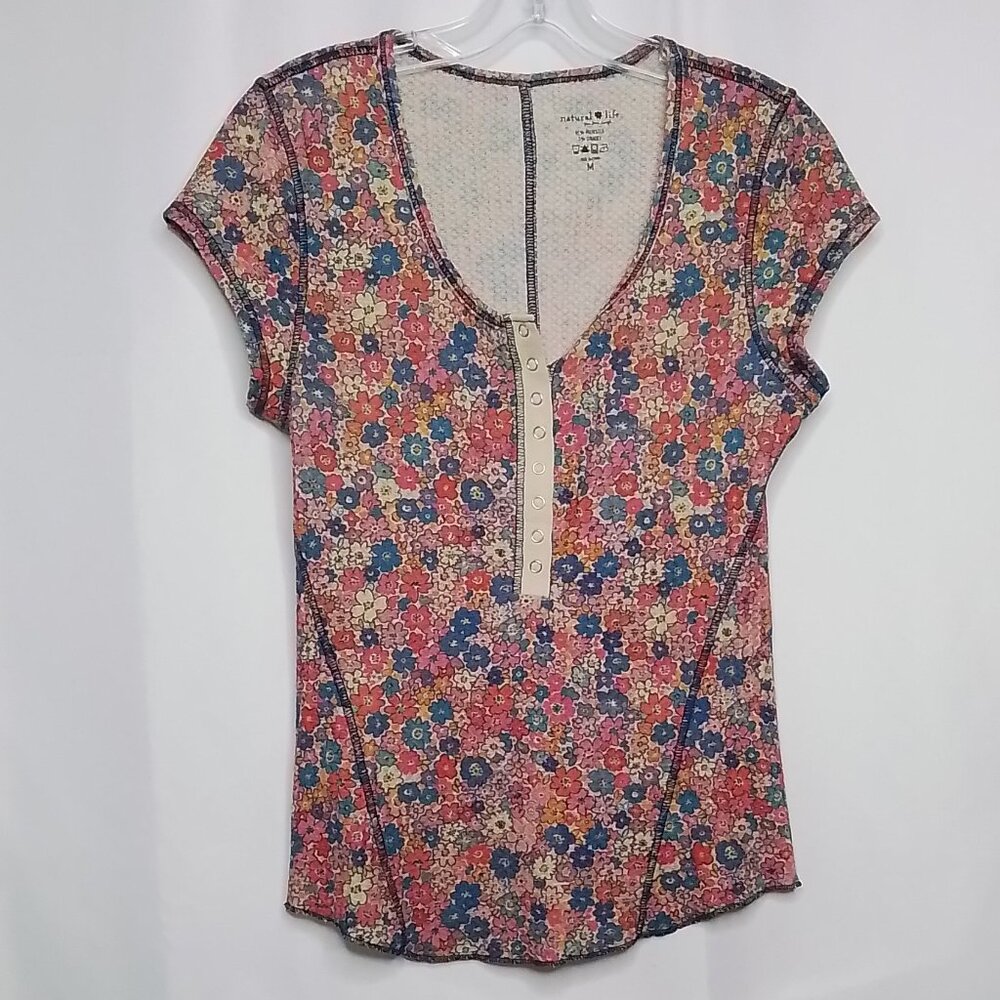 NATURAL LIFE REAGAN WAFFLE TEE SHIRT SNAP HENLEY FLORAL PRINT SIZE M